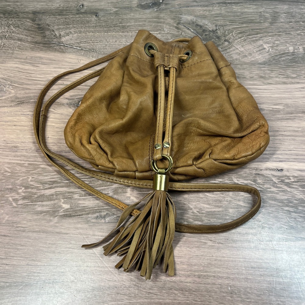 Topshop Bucket Bag Women Small Tan Real Leather Tassel Drawstring Crossbody
